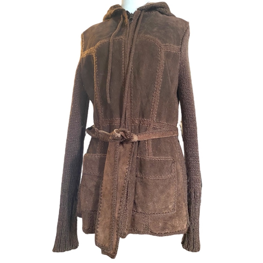 Vintage Suede patchwork knit belted hippie/boho jacket. Sz L